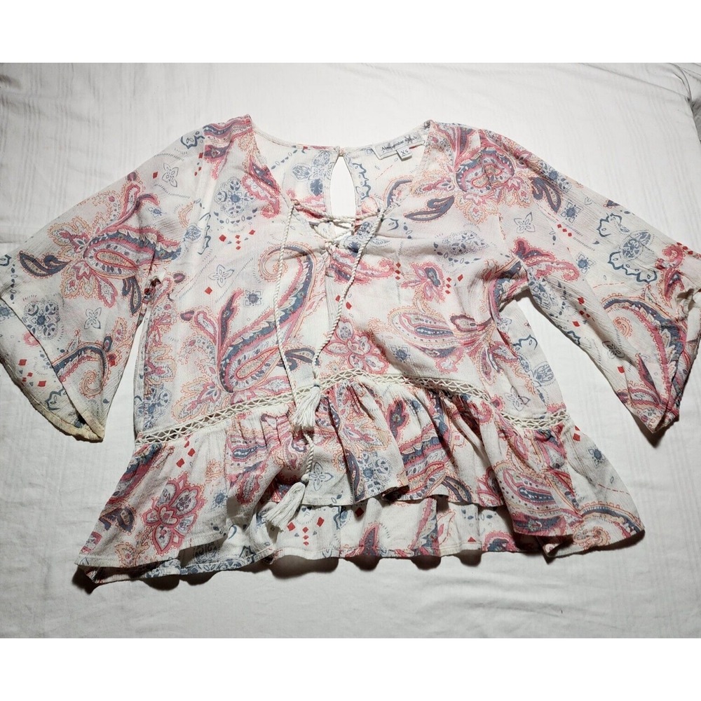Abercrombie & Fitch Top Womens XS White Red Floral Paisley Short Sleeve Laced